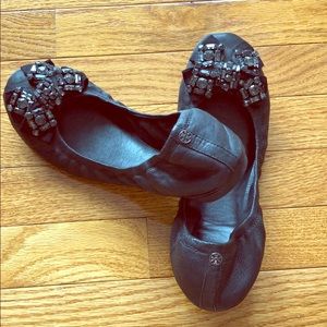 Tory Burch black leather ballet flats, size 10